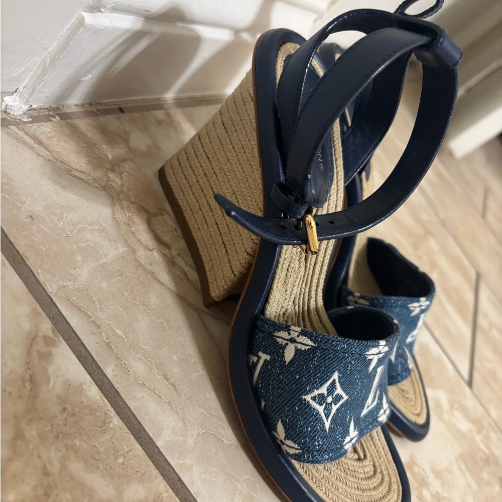 Louis Vuitton Navy and Tan Wedge Sandals